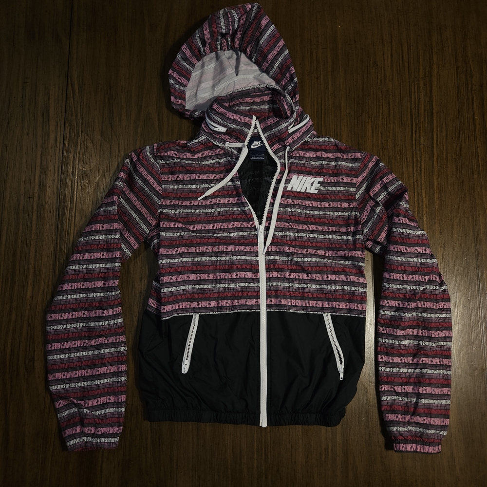 Nike Women's Raincoat - Pink and Black Stripes Size Small